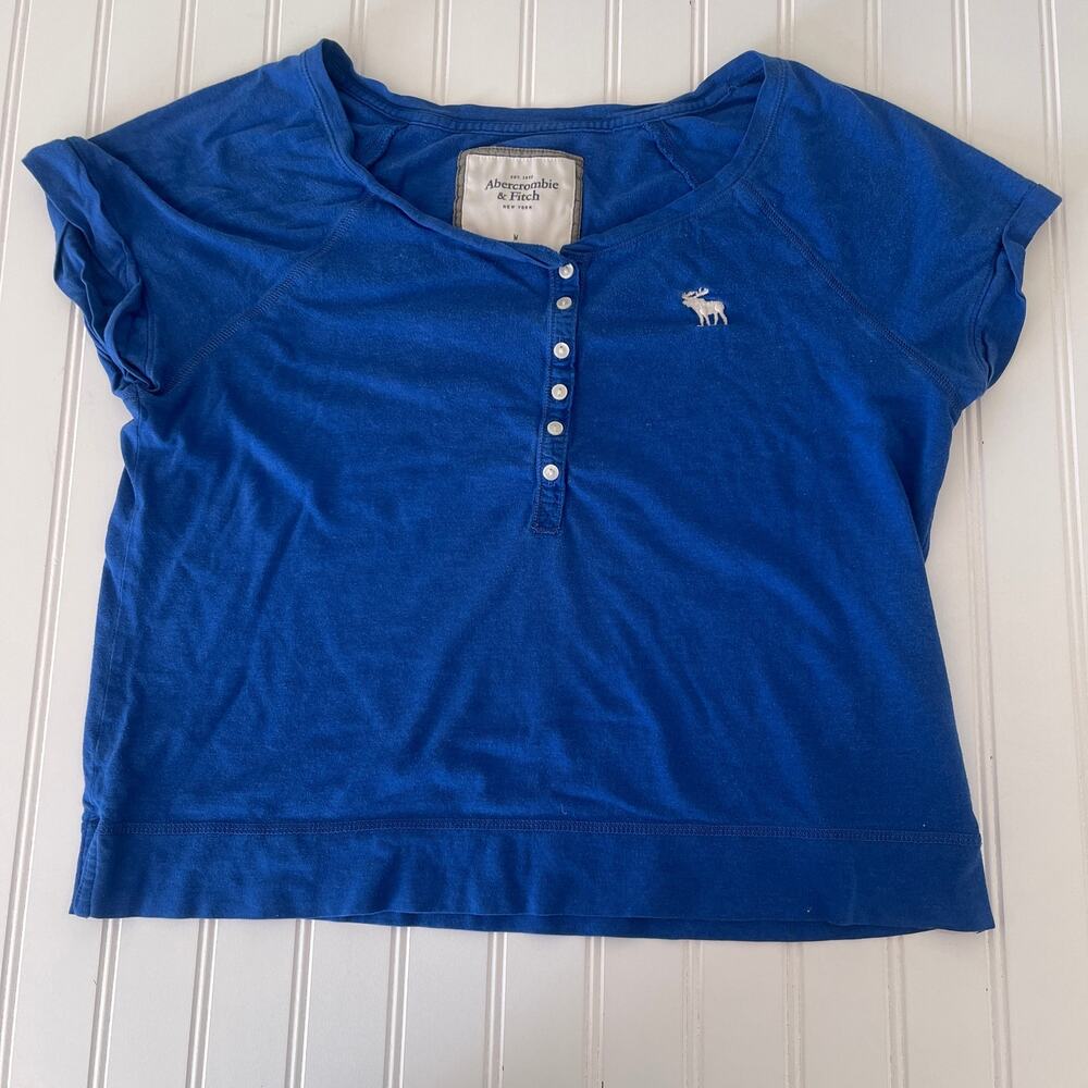 Vintage Y2K Abercrombie & Fitch Blue Henley Short Sleeve Shirt Top Womens Medium